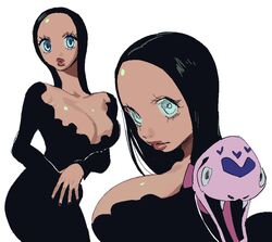  animal aqua_eyes black_dress black_hair black_nails breasts cleavage cowboy_shot dress female forehead gell_(hunter_x_hunter) hunter_x_hunter large_breasts lips long_hair long_sleeves looking_at_viewer multiple_views simple_background snake upper_body white_background whoopsatro 