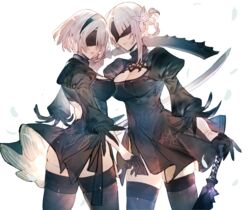  2b_(nier:automata) 2b_(nier:automata)_(cosplay) 2girls asymmetrical_bangs black_dress blindfold braid breasts cleavage cleavage_cutout clothing_cutout cosplay covered_eyes crossover dress dual_wielding flower gloves hair_flower hair_ornament hairband highres holding holding_sword holding_weapon in-franchise_crossover kaine_(nier) mayutsuba_mono multiple_girls nier nier:automata nier_(series) sword thighhighs time_paradox variant_set weapon 