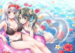  2girls alternate_costume bare_arms bare_legs bare_shoulders bikini black_bikini blue_bikini blush breasts brown_eyes cleavage closed_mouth collarbone comiket_102 commentary_request flower green_eyes green_hair grey_hair grin hair_between_eyes hair_flower hair_ornament halterneck headband heart-shaped_innertube hibiscus innertube kantai_collection large_breasts long_hair looking_at_viewer minakami_nagara multiple_girls navel ocean on_innertube outdoors partially_submerged pink_flower pink_innertube red_flower red_headband shoukaku_(kancolle) small_breasts smile swim_ring swimsuit transparent_innertube twintails two-tone_bikini water wet white_bikini yellow_eyes zuikaku_(kancolle) 