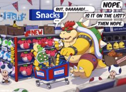  2023 anthro banana block blooper bob-omb bowser bowser_jr. bullet_bill egg english_text father_(lore) father_and_child_(lore) father_and_son_(lore) food fruit grocery_shopping group hi_res koopa male mario_bros mushroom_cap nintendo parent_(lore) parent_and_child_(lore) parent_and_son_(lore) plant pow_block scalie shopping_cart skaifox son_(lore) super_star tesco text toad_(mario) yoshi_egg 