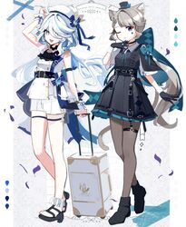  2girls adapted_costume ahoge alternate_costume alternate_hairstyle anchor_symbol animal_ears belt black_belt black_capelet black_choker black_dress black_footwear black_gloves blue_bow blue_eyes blue_hair bow capelet cat_ears choker commentary_request dress facial_mark full_body furina_(genshin_impact) genshin_impact gloves grey_hair grey_pantyhose hair_ornament hat heterochromia highres legs long_hair looking_at_viewer lynette_(genshin_impact) mini_hat mini_top_hat multicolored_hair multiple_girls one_eye_closed pantyhose pillarboxed ponytail purple_eyes rolling_suitcase sailor_hat sandals shoes short_dress short_sleeves sidelocks smile standing star_(symbol) streaked_hair suitcase swept_bangs thigh_strap top_hat utori_(tanakautori) very_long_hair white_dress white_hair white_headwear x_hair_ornament 