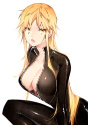  alpha_signature black_bodysuit blonde_hair bodysuit breasts cleavage collarbone commentary_request eyes_visible_through_hair female genderswap_(mtf) izumi_kouhei latex latex_bodysuit long_hair looking_at_viewer oerba_yun_fang open_bodysuit open_clothes open_mouth pepper_fever rule_63 sidelocks simple_background sitting solo very_long_hair white_background world_trigger yellow_eyes 