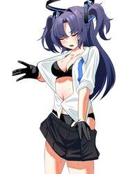  :o absurdres black_bra black_gloves black_panties black_skirt blue_archive blue_necktie blush bra breasts cleavage closed_eyes commentary_request ert_raitsui female gloves hair_ornament halo highres long_hair mechanical_halo medium_breasts necktie open_clothes open_mouth open_shirt panties pleated_skirt purple_hair shirt simple_background skirt solo sweat two_side_up underwear undone_necktie undressing white_background white_shirt yuuka_(blue_archive) 