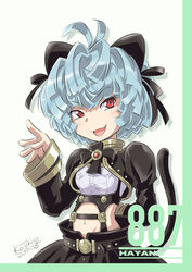  animal_ears black_jacket black_ribbon black_skirt blue_hair breasts cat_ears cat_tail character_name dated female gundam gundam_00 gundam_00f gundam_meister_887 hair_ribbon jacket juliet_sleeves long_sleeves looking_to_the_side navel puffy_sleeves red_eyes ribbon short_hair skirt small_breasts smile solo tail tokita_kouichi 