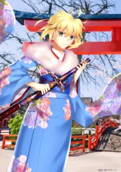  absurdres ahoge alternate_costume artoria_pendragon_(fate) blonde_hair bridge caliburn_(fate) cherry_blossom_print fate/grand_order fate_(series) female floral_print fur-trimmed_kimono fur_trim green_eyes hair_between_eyes hand_on_hilt highres holding holding_sheath holding_sword holding_weapon japanese_clothes keisuke_desu~ kimono obi official_alternate_costume outdoors peony_print photo_background saber_(fate) saber_(first_sunrise)_(fate) sakuramon sash sheath short_hair smile solo sword torii weapon wide_sleeves 