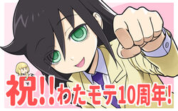  2girls :d anniversary bags_under_eyes black_hair blazer blonde_hair bob_cut border chibi clenched_hand closed_eyes collared_shirt commentary_request dutch_angle eyes_visible_through_hair fist_bump green_eyes hand_up happy highres ichikawa_masahiro jacket kuroki_tomoko long_hair long_sleeves looking_at_another looking_at_viewer mini_person minigirl multiple_girls necktie open_mouth outside_border outstretched_hand purple_necktie reaching reaching_towards_viewer school_uniform shirt short_hair sidelocks smile solid_oval_eyes solo_focus translated uchi_emiri upper_body watashi_ga_motenai_no_wa_dou_kangaetemo_omaera_ga_warui! white_border white_shirt yellow_jacket 