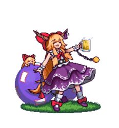  alcohol antinomy_of_common_flowers ball_and_chain_restraint beer beer_mug belt blonde_hair bow chains closed_eyes commentary cube cup dual_persona footwear_bow gourd grass hairbow holding holding_cup horn_bow horn_ornament horn_ribbon horns ibuki_suika long_hair lowres mini_person minigirl mug multiple_girls neckerchief oni open_mouth outstretched_arm pixel_art purple_footwear purple_skirt pyramid_(geometry) red_bow red_neckerchief ribbon shirt shoes sidelocks skirt sleeveless sleeveless_shirt smile socks standing the_hammer torn_clothes torn_sleeves touhou transparent_background very_long_hair white_legwear white_shirt wrist_cuffs 