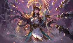  alternate_costume armor armored_dress armpits bare_shoulders blue_eyes breasts brown_hair building chenbo cleavage cloud collarbone detached_sleeves divine_sword_irelia dragon dress earrings eastern_dragon english_commentary eyeshadow female floating_hair flower hair_between_eyes hair_ornament highres house incoming_attack irelia jewelry league_of_legends light long_hair looking_to_the_side lotus makeup medium_breasts multiple_swords official_alternate_costume official_art outdoors outstretched_arm petals pink_flower pink_lips sky smile solo standing sword thighhighs weapon white_dress white_sleeves white_thighhighs 