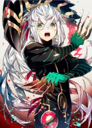  1boy asclepius_(fate) between_fingers black_jacket cowboy_shot crossed_bangs fangs fate/grand_order fate_(series) gloves green_eyes hair_between_eyes hair_ribbon holding holding_knife holding_weapon jacket knife knives_between_fingers long_hair long_sleeves looking_at_viewer male_focus moru open_mouth paint_splatter pantyhose ponytail ribbon sidelocks slit_pupils solo standing tight_clothes upper_body weapon white_background white_hair 