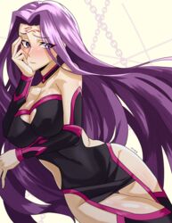  absurdres bare_shoulders black_dress blush boots breasts chains cleavage closed_mouth collarbone covered_navel detached_collar dress facial_mark fate/stay_night fate_(series) female forehead forehead_mark highres large_breasts long_hair looking_at_viewer medusa_(fate) medusa_(rider)_(fate) mikkusushi parted_bangs purple_eyes purple_hair short_dress simple_background solo thigh_boots thighhighs thighs very_long_hair white_background 