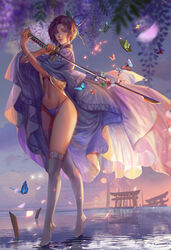  aqua_butterfly asymmetrical_legwear bangle blue_butterfly bracelet breasts bug butterfly butterfly_hair_ornament commentary fan_yang_(jiuge) female fighting_stance flower green_butterfly hair_ornament haori highres holding holding_sword holding_weapon japanese_clothes jewelry katana kimetsu_no_yaiba kochou_shinobu lips medium_breasts navel no_bra no_pants no_shoes nose orange_butterfly over-kneehighs panties photoshop_(medium) purple_butterfly purple_eyes purple_hair purple_panties realistic red_butterfly short_hair solo sword sword_writing thighhighs tiptoes toned torii underboob underwear uneven_legwear unsheathed walking walking_on_liquid water weapon white_butterfly white_legwear wisteria 