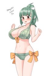  absurdres alternate_breast_size alternate_color bikini breasts brown_eyes cowboy_shot dated female front-tie_top green_bikini green_hair hair_ribbon highres kantai_collection large_breasts maru_(marg0613) melon_print one-hour_drawing_challenge ponytail ribbon side-tie_bikini_bottom simple_background solo swimsuit twitter_username white_background white_ribbon yuubari_(kancolle) yuubari_kai_ni_(kancolle) yuubari_kai_ni_(swimsuit_mode)_(kancolle) 