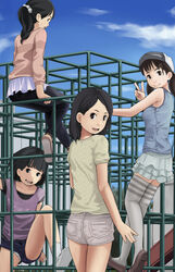  4girls black_eyes black_hair blue_sky blunt_bangs blush climbing day hat highres jungle_gym layered_clothes long_hair long_sleeves md5_mismatch multiple_girls open_mouth original outdoors panties panty_peek playground ponytail rensyu shoe_soles short_hair short_sleeves shorts sitting skirt sky sleeveless slide smile standing twintails underwear v white_legwear white_panties 