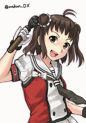  antenna_hair black_necktie brown_eyes brown_hair buttons double-breasted double_bun hair_bun holding kantai_collection maakun_(makun_dx) microphone naka_(kancolle) naka_kai_ni_(kancolle) necktie one-hour_drawing_challenge open_mouth orange_shirt round_teeth sailor_collar school_uniform serafuku shirt smile teeth twitter_username upper_body upper_teeth_only white_sailor_collar 