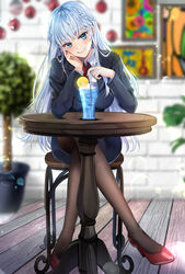  black_pantyhose blue_eyes blue_hair blush braid breasts cardigan chocho_(homelessfox) commentary_request crossed_legs cup drinking_glass drinking_straw female food fruit high_heels ice ice_cube korean_commentary lemon lemon_slice long_hair looking_at_viewer necktie original pantyhose pencil_skirt plant potted_plant red_footwear sitting skirt smile solo 