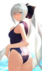  ass black_ribbon blue_eyes blush breasts fate/grand_order fate_(series) female hair_between_eyes hair_ornament hair_ribbon highres kameponde long_hair looking_at_viewer looking_back medium_breasts morgan_le_fay_(fate) one-piece_swimsuit ribbon solo swimsuit white_hair 