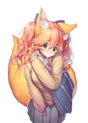  animal_ear_fluff animal_ears bandaid blazer blue_ribbon blush breasts cardigan commentary_request embarrassed fate/extra fate/extra_ccc fate/grand_order fate_(series) female fox_ears fox_girl fox_tail hair_ribbon jacket looking_at_viewer mogullaz multiple_tails official_alternate_costume pink_hair pleated_skirt ribbon school_uniform simple_background skirt solo sweat tail tamamo_(fate) tamamo_no_mae_(fate/extra) tamamo_no_mae_(jk)_(fate) twintails white_background yellow_eyes 