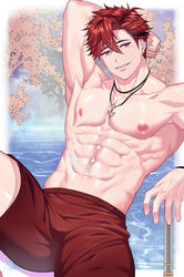  1boy abs bara earrings firenzesaika grin jewelry kibera_(king&#039;s_raid) king&#039;s_raid large_pectorals looking_at_viewer male_focus male_swimwear multiple_earrings muscular muscular_male navel necklace nipples pectorals purple_eyes red_hair short_hair smile solo topless_male water 