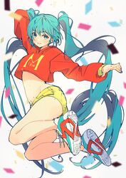  absurdly_long_hair airborne aqua_eyes aqua_hair arm_behind_head arm_up blurry blurry_foreground blush breasts character_name clothes_writing confetti cropped_hoodie denim denim_shorts eyelashes female full_body groin hair_between_eyes hatsune_miku highres hood hood_down hoodie jumping long_hair looking_at_viewer multicolored_footwear nachoz_(nachozart) navel open_hand orange_hoodie shoelaces shoes shorts sleeves_past_elbows small_breasts smile sneakers solo stomach teeth twintails twitter_username underboob very_long_hair vocaloid white_background yellow_shorts 