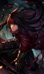  1boy black_hair cloak embers final_fantasy final_fantasy_vii gauntlets gloves headband highres holster long_hair looking_at_viewer male_focus pointed_footwear red_eyes tomatsukaze torn_clothes vincent_valentine 