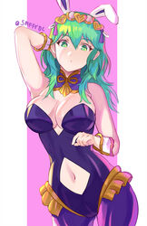  alternate_hair_color animal_ears arm_up breasts byleth_(female)_(fire_emblem) byleth_(fire_emblem) cleavage closed_mouth clothing_cutout detached_collar enlightened_byleth_(female) fake_animal_ears female fire_emblem fire_emblem:_three_houses green_eyes green_hair highres large_breasts leotard navel navel_cutout pantyhose playboy_bunny rabbit_ears simple_background solo spiffydc tiara twitter_username wrist_cuffs 