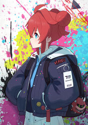  absurdres backpack bag black_bag blue_archive blue_eyes blue_jacket blue_necktie cacodemon closed_mouth collared_shirt doom_(series) double_bun female from_side hair_bun hands_in_pockets highres hood hood_down hooded_jacket id_card jacket light_blush long_sleeves looking_ahead maki_(blue_archive) makolas97 multicolored_background necktie open_clothes open_collar open_jacket paint_splatter puffy_sleeves red_hair shirt skirt solo white_skirt 