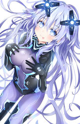  absurdres blue_eyes bodysuit breasts commentary_request covered_navel female giga-tera hair_between_eyes headgear highres long_hair looking_at_viewer medium_breasts neptune_(series) next_purple power_symbol power_symbol-shaped_pupils purple_bodysuit purple_hair purple_heart_(neptunia) shin_jigen_game_neptune_vii simple_background solo symbol-shaped_pupils tongue tongue_out very_long_hair 