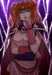  armor bridal_gauntlets cape circlet commentary delsaber dress female fire_emblem fire_emblem:_hasha_no_tsurugi green_eyes highres jemmy_(fire_emblem) jewelry lightning long_hair looking_at_viewer looking_down open_mouth red_hair short_dress shoulder_armor sleeveless sleeveless_dress smile smug solo twintails white_dress 