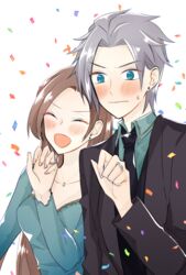  1boy 3so4ru5959 :d alan_stuart asymmetrical_bangs bad_id bad_pixiv_id black_jacket black_necktie black_vest blazer blue_eyes brown_hair closed_eyes closed_mouth commentary_request confetti dress dress_shirt earrings female frown green_dress green_shirt grey_hair highres jacket jewelry katarina_claes long_hair looking_at_viewer necklace necktie open_mouth otome_game_no_hametsu_flag_shika_nai_akuyaku_reijou_ni_tensei_shite_shimatta ring shirt short_hair side-by-side smile straight sweatdrop vest wedding_ring white_background wing_collar 