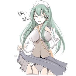  alternate_costume aqua_hair breasts closed_eyes clothes_lift enmaided female garter_straps grey_panties grey_skirt grey_thighhighs hair_ornament hairclip highres kantai_collection large_breasts lifting_own_clothes long_hair long_sleeves maid maid_headdress open_mouth panties shirt simple_background skirt skirt_lift smile solo suzuya_(kancolle) tada_(tactical_tada) thighhighs underwear vest white_background white_shirt 