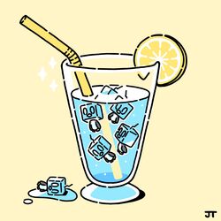  afloat air_bubble animal_focus bird bubble commentary drinking_straw eiscue eiscue_(ice) english_commentary food fruit glass highres ice ice_cube james_turner lemon lemon_slice liquid lying no_humans on_side penguin pokemon pokemon_(creature) signature yellow_background 