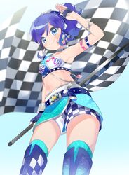  aikatsu! aikatsu!_(series) arm_strap arm_up belt black_belt black_choker blue_eyes blue_footwear blue_hair blue_shirt blue_sky blue_thighhighs boots chains checkered_flag checkered_shorts choker commentary crop_top day eighth_note female flag headset holding holding_flag idol kiriya_aoi long_hair looking_at_viewer midriff miniskirt musical_note onbin_ha open_mouth outdoors print_shirt race_queen shirt short_shorts shorts shorts_under_skirt side_ponytail single_strap skirt sky smile solo standing thigh_boots thighhighs white_shorts 