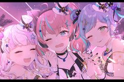  3girls :p animal_ear_headphones animal_ears aqua_hair asahi_rokka bang_dream! bare_shoulders black_nails black_vest blue_eyes blush bone_necklace breasts cat_ear_headphones chestnut_mouth cleavage closed_eyes commentary double_bun earrings eyelashes fake_animal_ears green_eyes hair_bun hair_ornament hat headphones highres holding_hands hug interlocked_fingers jewelry letterboxed looking_at_viewer medium_breasts mini_hat mini_top_hat multicolored_hair multiple_girls nail_polish necklace nyubara_reona one_eye_closed open_mouth outdoors pink_hair pink_theme polka_dot_sleeves purple_hair purple_sky red_hair see-through see-through_sleeves shain short_hair sidelocks sky smile spotlight star_(symbol) star_earrings star_hair_ornament streaked_hair sweatdrop symbol-only_commentary tamade_chiyu teeth tongue tongue_out top_hat tree upper_body upper_teeth_only vest white_headwear wrist_cuffs 