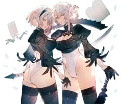  2b_(nier:automata) 2b_(nier:automata)_(cosplay) 2girls ass asymmetrical_bangs black_dress braid breasts bulge cleavage cleavage_cutout clothing_cutout commentary cosplay crossover dress dual_wielding flower futanari gloves grey_eyes hair_flower hair_ornament hairband highleg highleg_leotard highres holding holding_sword holding_weapon in-franchise_crossover kaine_(nier) leotard looking_at_viewer mayutsuba_mono multiple_girls nier nier:automata nier_(series) no_blindfold pod_(nier:automata) sword thighhighs time_paradox turtleneck turtleneck_leotard variant_set weapon yellow_eyes 