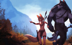  1boy abs animal_ears armlet artist_name ass_visible_through_thighs axe backlighting belt blue_eyes body_fur braid commentary couple day earrings einar_(personal_ami) fantasy female flat_chest flintstone forest fox_ears fox_tail furry furry_male furry_with_non-furry grey_fur height_difference highres holding holding_axe interspecies jewelry khiara_(personal_ami) light_brown_hair long_tail mountain muscular muscular_male nature necklace orange_eyes original outdoors pelvic_curtain pendant personal_ami petite pointing pointing_forward polearm profanity russian_commentary sheath sheathed shield short_hair snout spear straight sword tail thick_thighs thighs tooth_necklace topless_male tribal vambraces walking weapon weapon_on_back werewolf wide_hips wolf_boy wolf_ears wooden_shield 