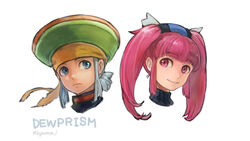  1boy blue_eyes closed_mouth copyright_name dewprism female grey_hair hat long_hair mint_(dewprism) pink_hair red_eyes rue_(dewprism) simple_background smile syuma_i twintails white_background 