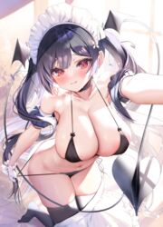  ayuma_sayu bare_shoulders bikini black_bikini black_hair black_thighhighs blush breasts cleavage closed_mouth collarbone commentary_request demon_girl demon_tail female head_wings highres large_breasts looking_at_viewer maid_headdress navel original red_eyes riasu-chan_(ayuma_sayu) side-tie_bikini_bottom sideboob smile solo swimsuit tail thighhighs thighs twintails untying white_headwear wings 