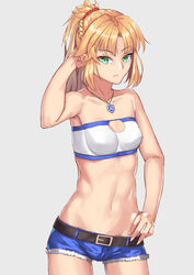  arm_behind_head bandeau bare_arms bare_shoulders belt black_belt blonde_hair blue_shorts braid breasts cleavage cleavage_cutout clothing_cutout collarbone commentary cowboy_shot cutoffs fate/apocrypha fate_(series) female green_eyes grey_background groin hair_ornament hair_scrunchie half_up_braid hand_in_own_hair hand_on_own_hip hand_up jewelry long_hair looking_at_viewer midriff mordred_(fate) mordred_(fate/apocrypha) mordred_(memories_at_trifas)_(fate) navel necklace ponytail red_scrunchie scrunchie short_shorts shorts sidelocks simple_background small_breasts solo standing stomach strapless tube_top wujiemang 