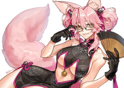  adjusting_eyewear alternate_hairstyle animal_ears bad_anatomy bare_arms bare_legs bare_shoulders black_gloves bow breasts china_dress chinese_clothes clothing_cutout commentary double_bun dress fate/grand_order fate_(series) female folding_fan fox_ears fox_tail g0ringo glasses gloves hair_bun hair_ornament hair_up hairbow hand_fan holding holding_fan koyanskaya_(chinese_lostbelt_outfit)_(fate) koyanskaya_(fate) large_breasts looking_at_viewer lying midriff on_side pink_bow pink_hair sidelocks single_side_bun sleeveless sleeveless_dress smile solo stomach_cutout tail tamamo_(fate) twitter_username underboob yellow_eyes 