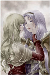  2girls acolyte_(ragnarok_online) blonde_hair brown_cape brown_shirt cape capelet commentary_request dress fur-trimmed_cape fur_trim hand_on_another&#039;s_face light_purple_hair long_hair looking_at_another lowres mr.romance multiple_girls open_mouth purple_dress ragnarok_online rain shirt upper_body wet wet_clothes white_capelet wizard_(ragnarok_online) yuri 