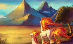  ambiguous_gender cloud duo equid equine evening feral freedom generation_1_pokemon horn horse koriarredondo mammal mountain mythological_creature mythological_equine mythology nintendo pasture plains plant pokemon pokemon_(species) ponyta rapidash sunset tree unicorn 