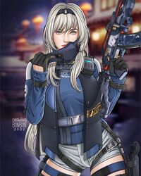  an-94 an-94_(girls&#039;_frontline) an-94_(girls&#039;_frontline)_(cosplay) aqua_eyes assault_rifle blue_eyes call_of_duty call_of_duty:_mobile closed_mouth cosplay drawingbonbon female girls&#039;_frontline gloves grey_hair gun hairband highres jacket long_hair long_sleeves looking_at_viewer mask realistic rifle scylla_(call_of_duty:_mobile) solo weapon 