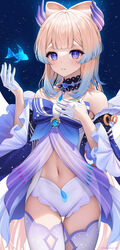  absurdres bangs bare_shoulders black_choker blue_eyes blue_hair blush choker cowboy_shot female fish genshin_impact gloves gradient_hair hand_on_own_chest hand_up highres kohanayuki light_brown_hair long_hair looking_at_viewer multicolored_hair navel off_shoulder parted_lips purple_legwear sangonomiya_kokomi solo thighhighs white_gloves 