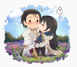  1boy alternate_costume black_eyes black_hair blush chibi closed_eyes closed_mouth couple evomanaphy female fire_emblem fire_emblem:_thracia_776 fire_emblem_heroes flower heart highres holding_hands kiran_(female)_(fire_emblem) kiran_(fire_emblem) kissing kissing_cheek long_hair original reinhardt_(fire_emblem) reinhardt_(resplendent)_(fire_emblem) scenery speech_bubble straight 