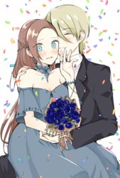  1boy 3so4ru5959 asymmetrical_bangs bad_id bad_pixiv_id black_jacket blazer blonde_hair blue_choker blue_eyes blush bouquet bracelet brown_hair choker closed_mouth commentary_request confetti dress dress_shirt earrings female flower frilled_choker frills frown geordo_stuart hair_ornament hand_on_another&#039;s_shoulder highres holding holding_bouquet holding_hands jacket jewelry katarina_claes kissing kissing_cheek long_dress long_hair off-shoulder_dress off_shoulder open_mouth otome_game_no_hametsu_flag_shika_nai_akuyaku_reijou_ni_tensei_shite_shimatta ring shirt short_hair short_sleeves sitting sitting_on_lap sitting_on_person smile straight wedding_ring white_background white_shirt 