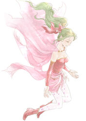  bare_shoulders bow breasts cape detached_sleeves dress female final_fantasy final_fantasy_vi green_hair jewelry long_hair pantyhose ponytail ribbon simple_background solo terra_branford toyoda_izumi white_background 