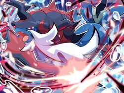  blurry bubble ceaseless_edge_(pokemon) claws commentary_request fangs highres hisuian_samurott no_humans open_mouth pokemon pokemon_(creature) red_eyes solo sowao. tongue 