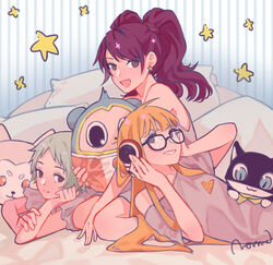  3girls ahoge bare_shoulders bed bed_sheet black_eyes brown_hair character_doll closed_mouth commentary earrings frills glasses green_hair hair_between_eyes headphones highres jewelry koromaru_(persona) kujikawa_rise kuma_(persona_4) long_hair looking_at_viewer lying morgana_(persona_5) multiple_girls open_mouth orange_hair persona persona_3 persona_4 persona_5 pillow sakura_futaba seiza shirt short_hair signature sitting sleepover smile star_(symbol) star_earrings stuffed_toy teeth towne trait_connection two_side_up yamagishi_fuuka 