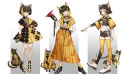  3girls :3 absurdres animal animal_ears asymmetrical_legwear asymmetrical_sleeves bandaid bandaid_on_cheek bandaid_on_face belt belt_buckle black_hair blonde_hair blunt_bangs bob_cut bra braid breasts buckle cat_ears cat_girl chest_harness choker cleavage collared_dress crop_top dress dress_flower feline fingerless_gloves fishnet_top fishnets flipped_hair footwear_request frown glint gloves hair_ornament hairclip hand_in_pocket hand_on_own_hip harness head_tilt high_heels highres holding holding_megaphone layered_sleeves long_skirt long_sleeves looking_at_viewer megaphone midriff mismatched_legwear mole mole_under_eye multicolored_hair multiple_girls narrowed_eyes navel notched_ear open_clothes original outstretched_arm plunging_neckline see-through see-through_dress shirt_tucked_in shoes short_hair short_sleeves skirt small_breasts smile sneakers socks standing standing_on_one_leg striped_clothes striped_thighhighs tarantulaines thick_eyebrows thighhighs turtleneck two-tone_hair underwear vertical-striped_clothes vertical-striped_thighhighs yellow_eyes 