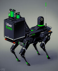  boston_dynamics camera food_delivery_box from_above grey_background highres ka92 license_plate looking_to_the_side no_humans non-humanoid_robot radio_antenna robot science_fiction spot_(boston_dynamics) standing uber_eats 